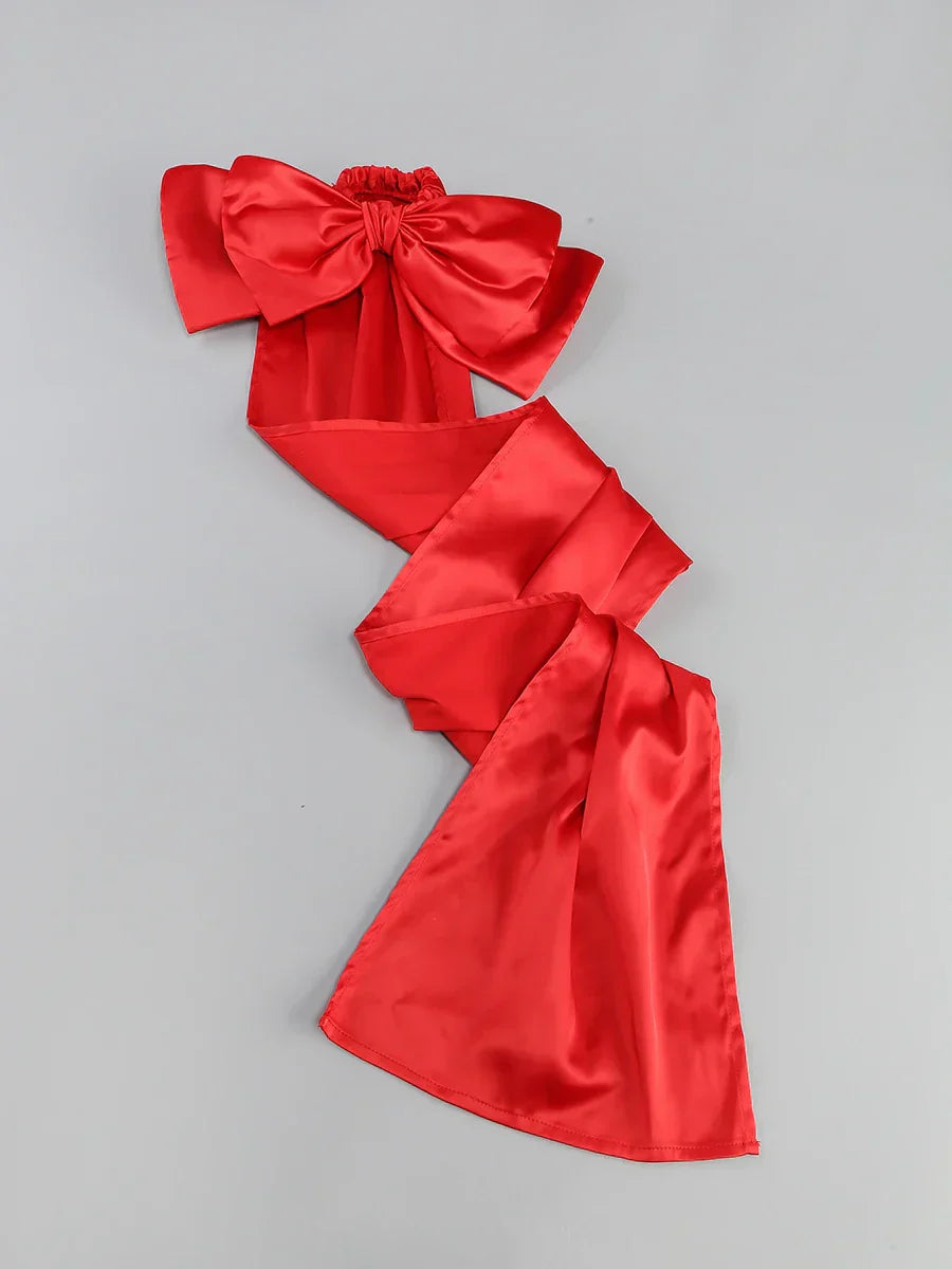 Black Tube Mini Dress With Large Red Bow Detachable Sleeves