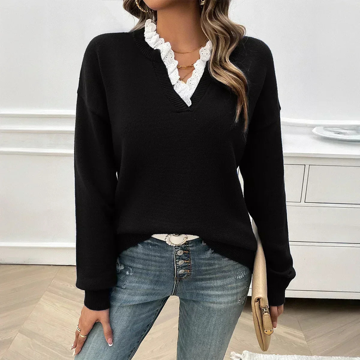 Lace Trim V-Neck Long Sleeve Knit Sweater