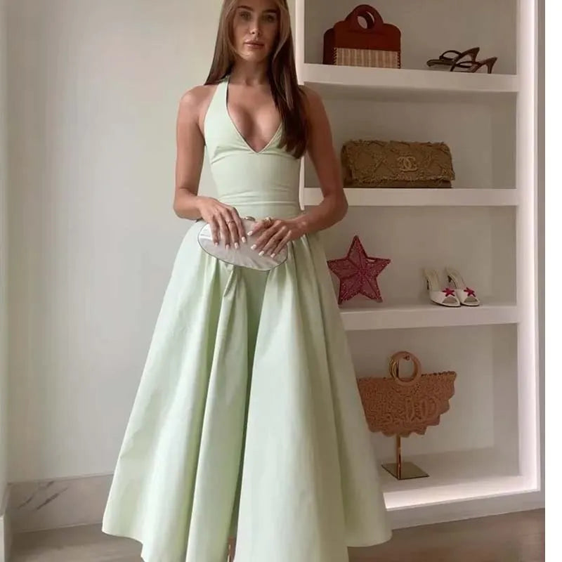 Backless Halter Green ALine Midi Dress