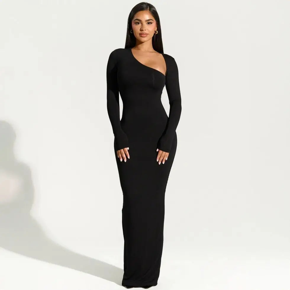 One Shoulder Cut Out Long Sleeve Bodycon Maxi Dress