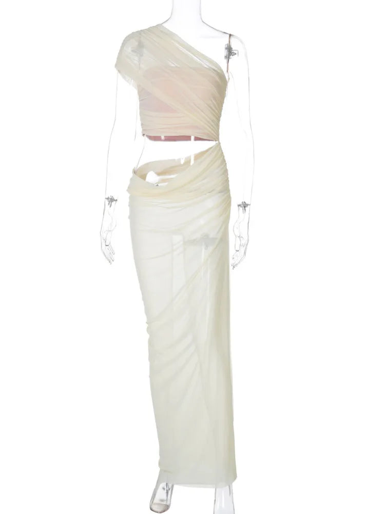 One Shoulder Ruched Mesh Cut Out High Split Maxi Dress 4