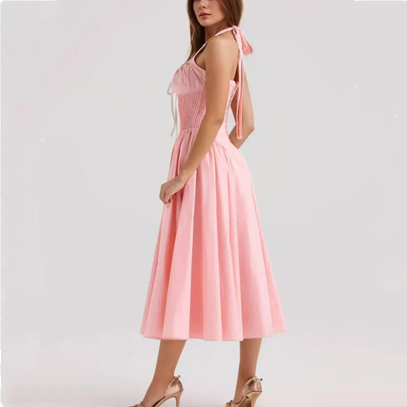 Halter Neck Corset Fit and Flare A-Line Midi Dress