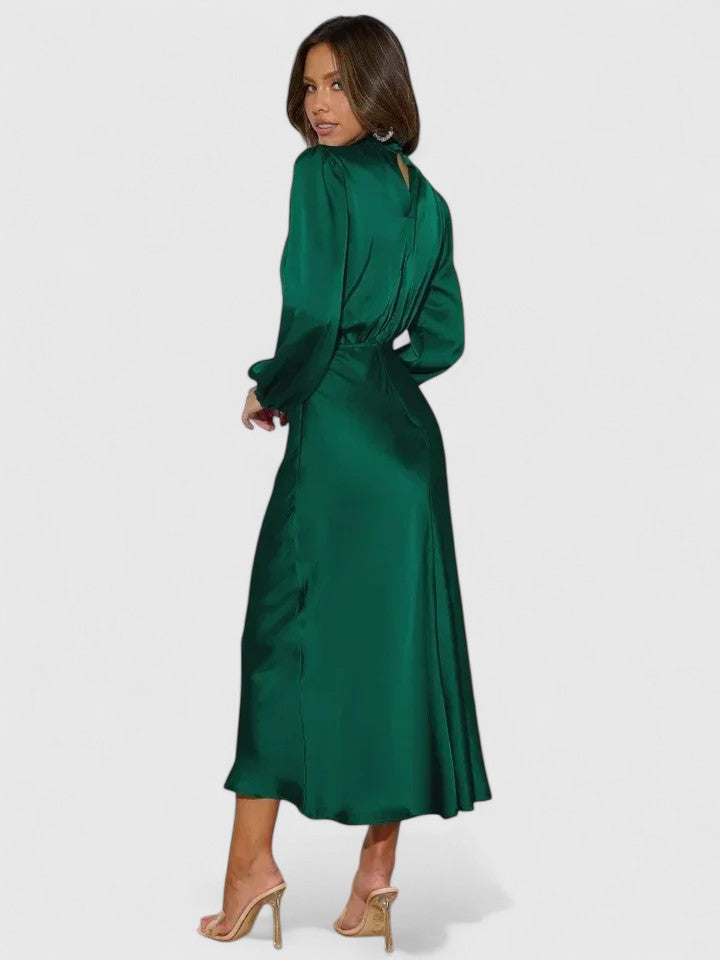 Satin High Neck Long Sleeve Blouson Midi Dress