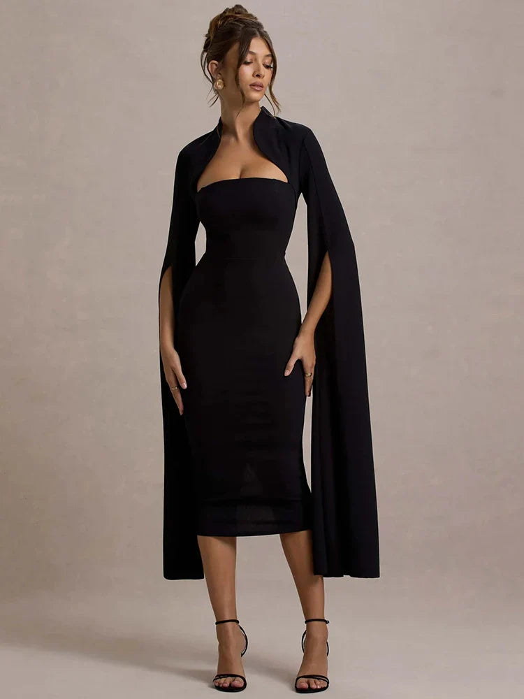 Cape Long Sleeve Back Slit Midi Dress