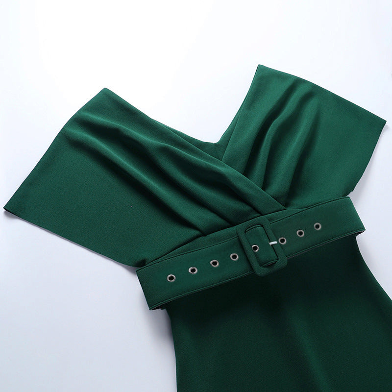 Satin Deep V-Neck Batwing Sleeve Belted Bodycon Midi Dress