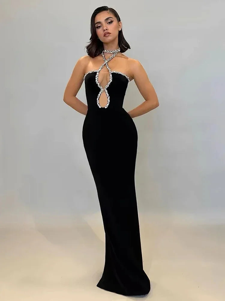 Rhinestone Trim Cross Halter Neck Cut Out Bodycon Maxi Gown