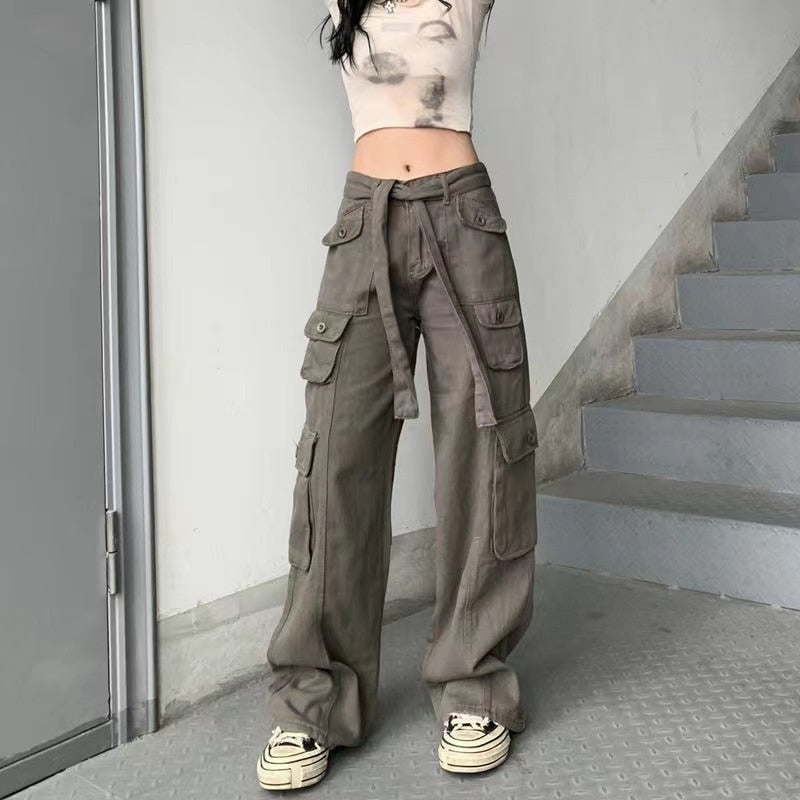 Mojoyce Hot Girl Cargo Pants Woman Elastic High Waist Big Pockets Trousers Y2K Streetwear Hip Hop Drawstring Retro Baggy Jeans Femme