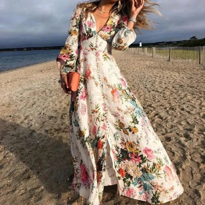 Floral Deep V-Neck Long Sleeve High Split Maxi Dress