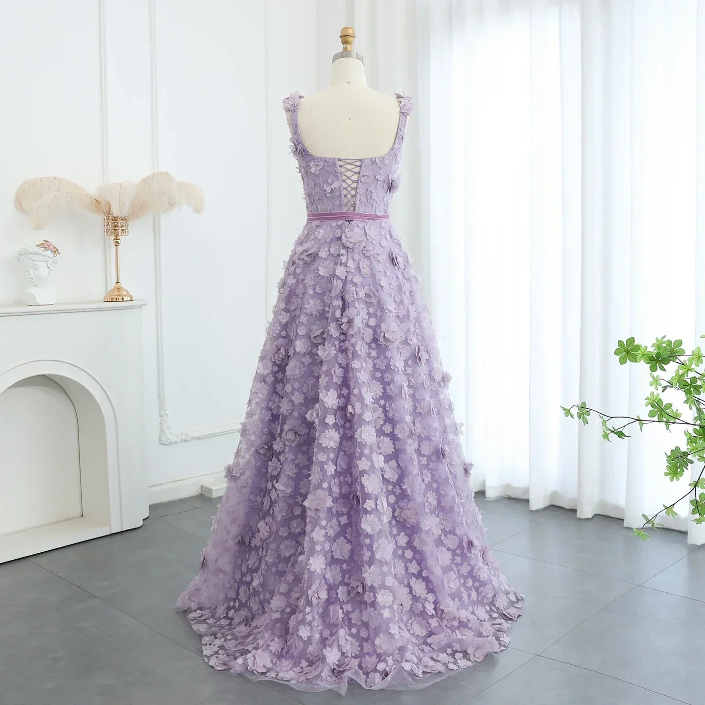 3D Floral Applique Square Neck High Split Tulle A-Line Gown