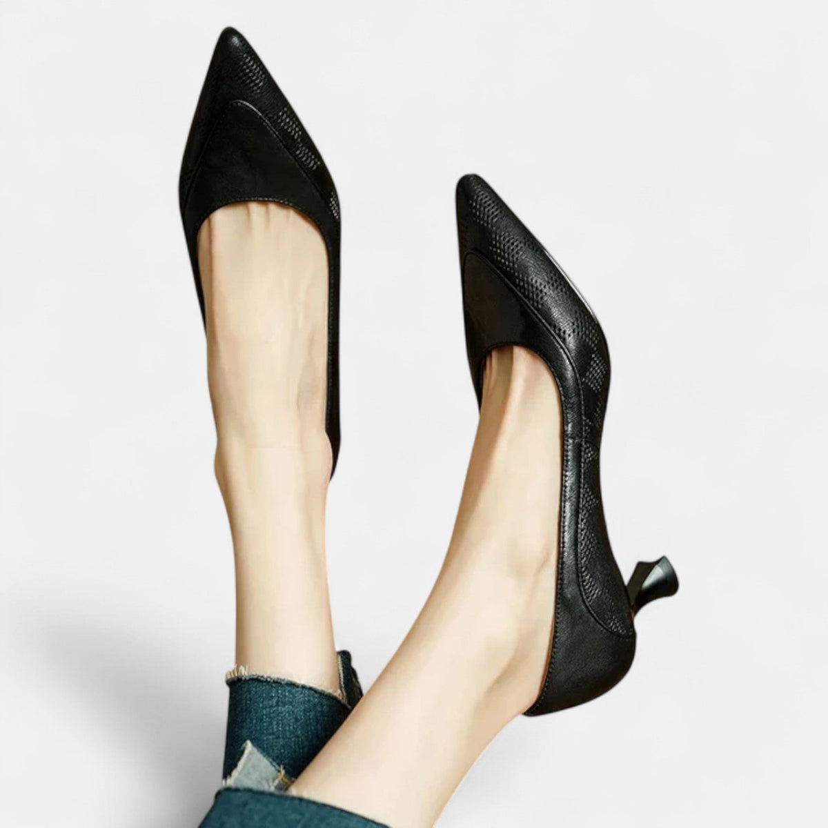 Pointed Toe Snake Embossed Trim Kitten Heel Pumps