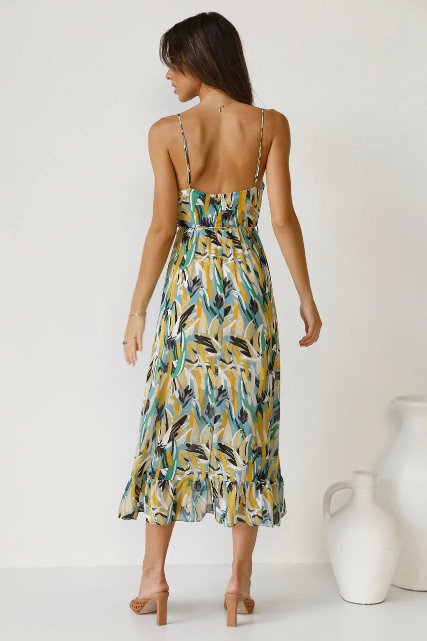 Abstract Print Spaghetti Strap V-Neck Midi Dress