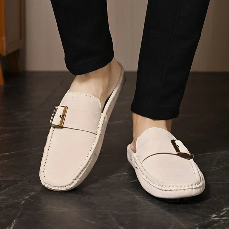 Suede-Look Buckle Backless Loafer Mules