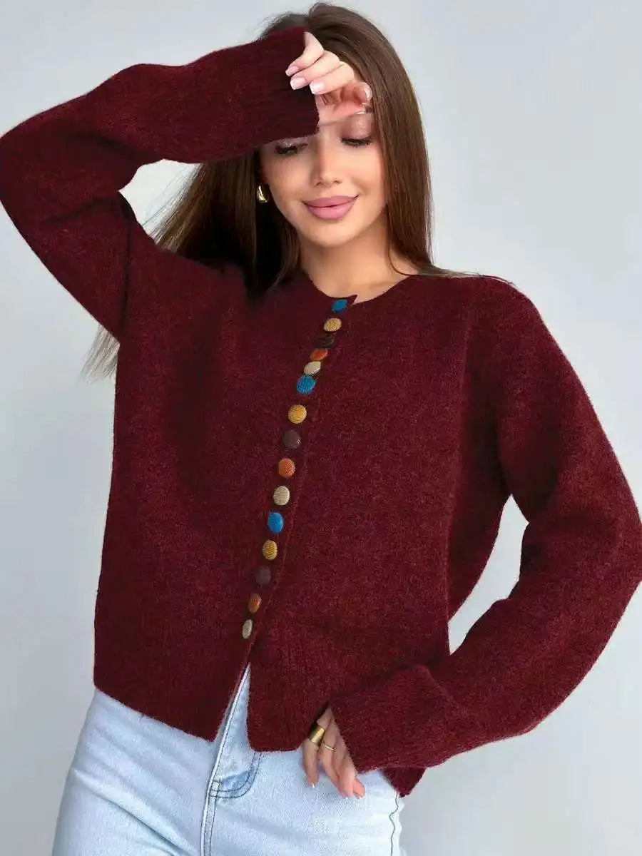 Crew Neck Multicolor Button Front Knit Cardigan