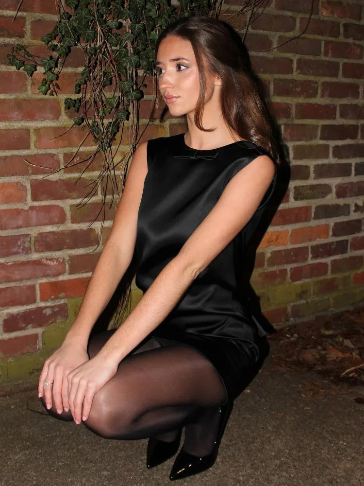 Satin Deep V-Back Bow Detail Wide Strap Shift Cocktail Mini Dress