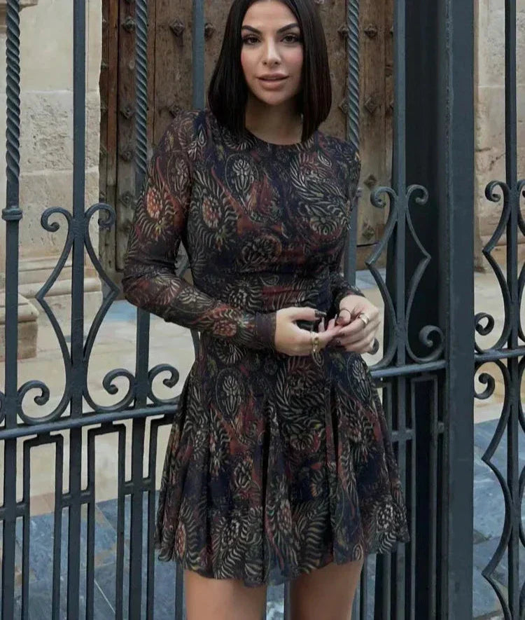 Pleated Long Sleeves Tulle Mini Dress - View 2