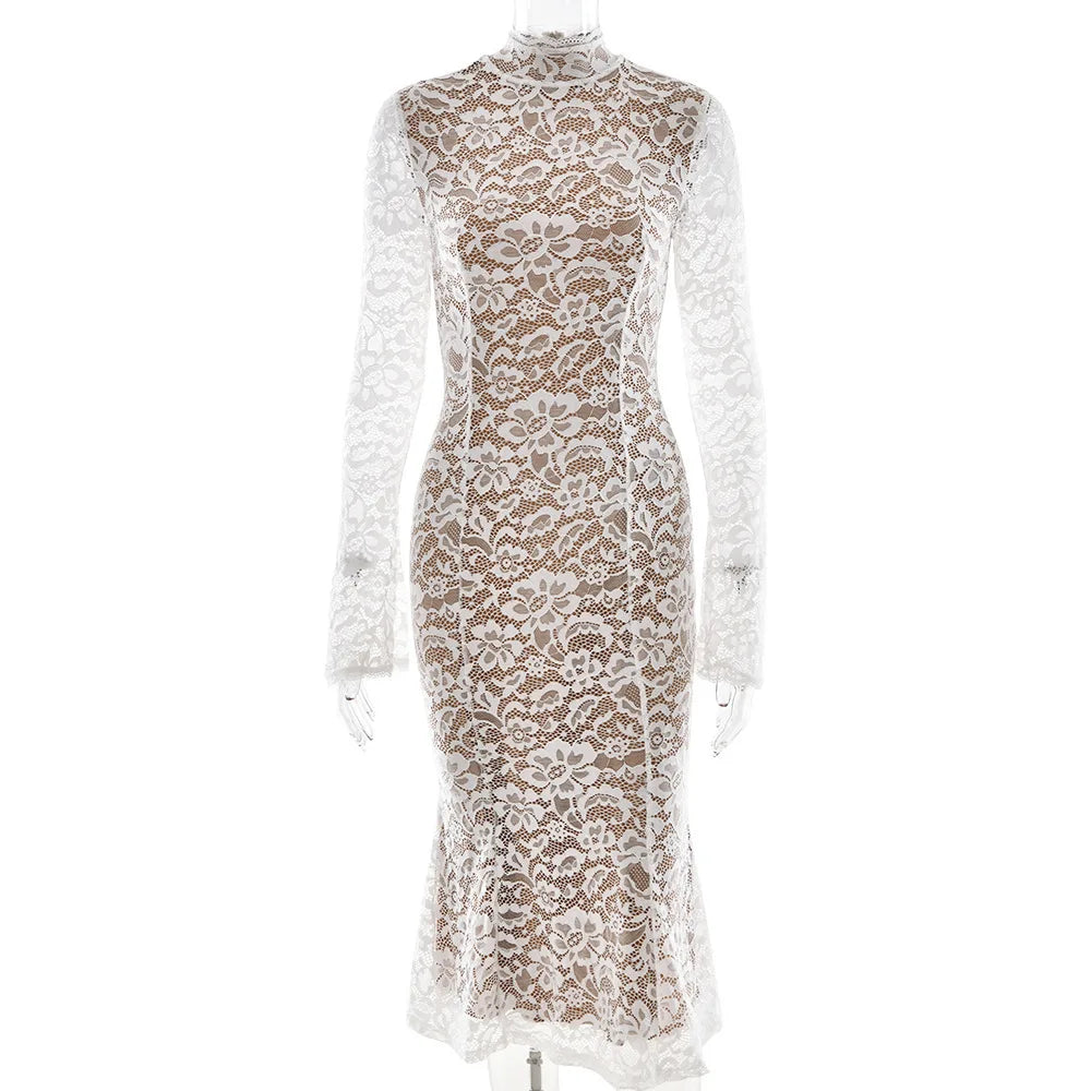 Floral Lace Mock Neck Long Sleeve Scalloped Cuff Bodycon Gown