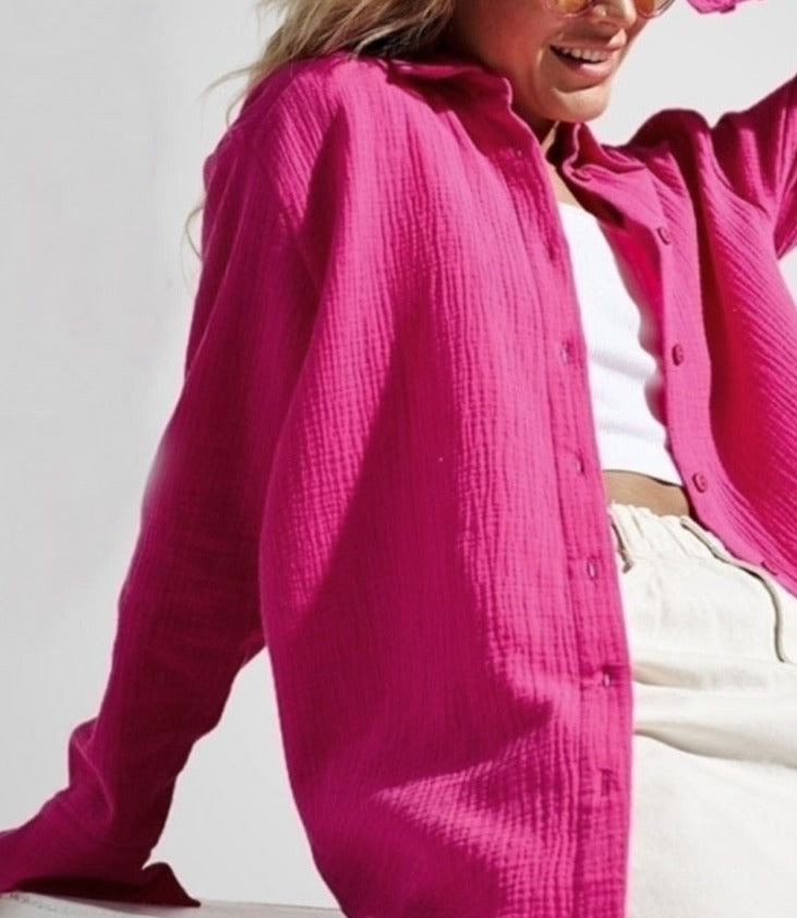 Textured Gauze Collared Button Up Long Sleeve Oversized Shirt 5