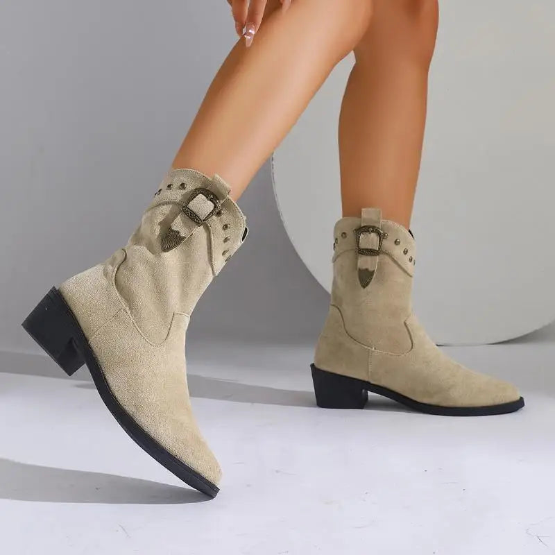 Suede Look Studded Buckle Western Block Heel Ankle Boots
