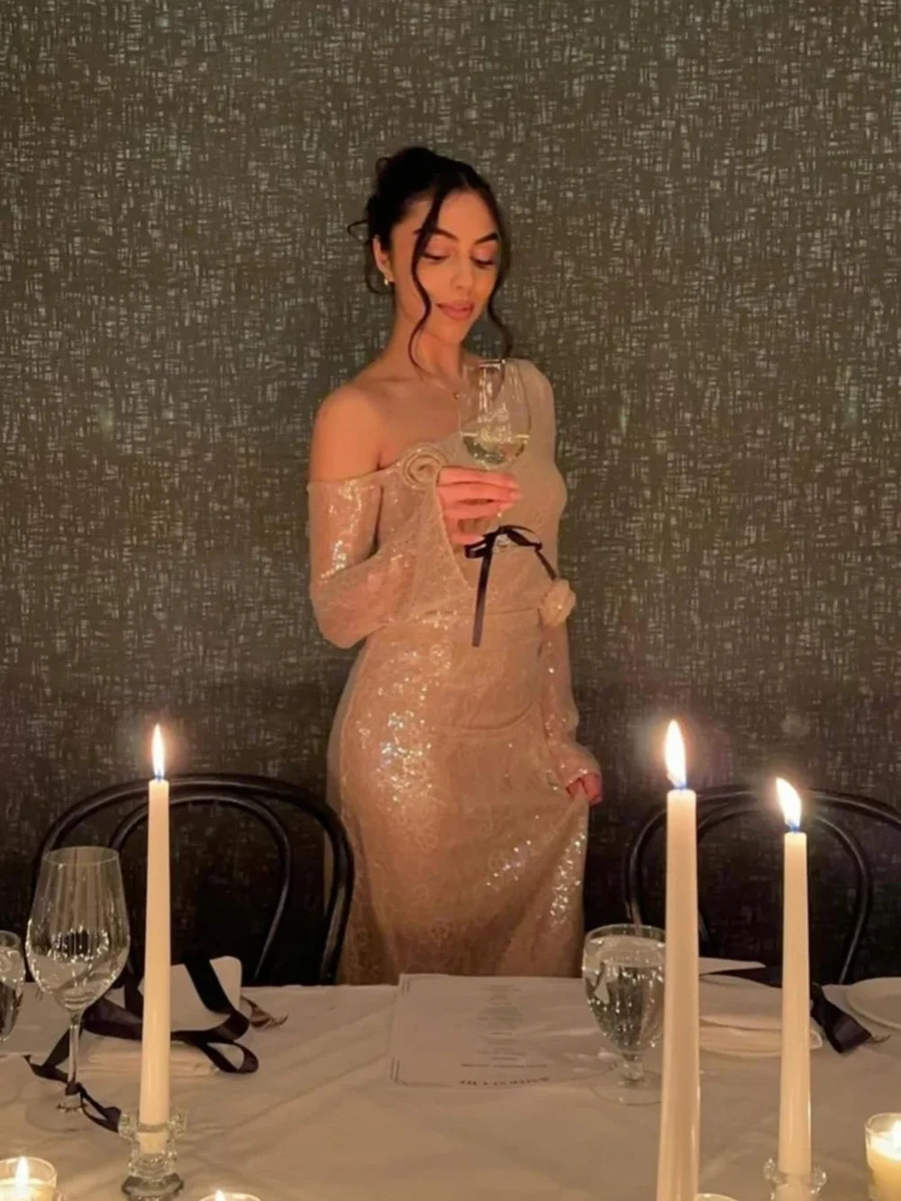 Sequin One Shoulder Long Sleeve 3D Floral Bodycon Maxi Dress