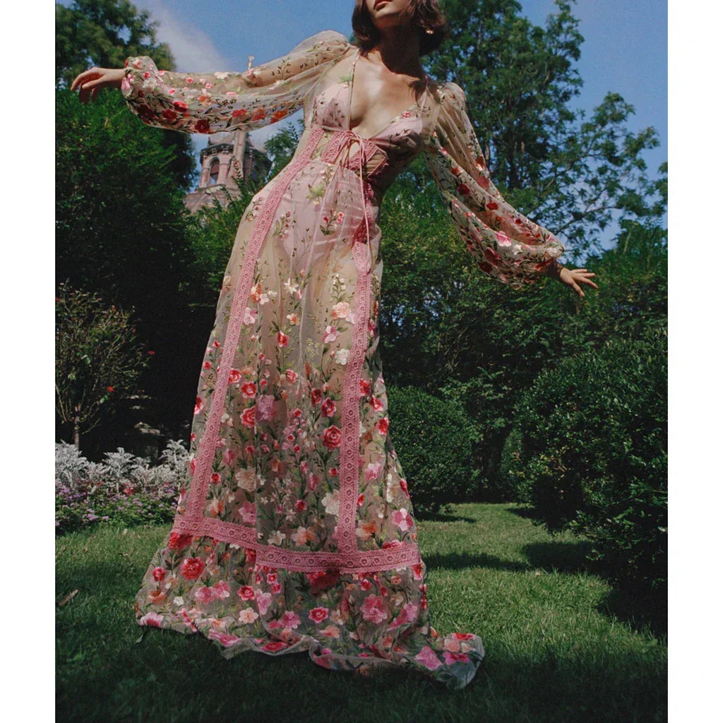 Floral Embroidery Mesh Bishop Sleeve Deep V-Neck Tie Front Tiered Maxi Gown