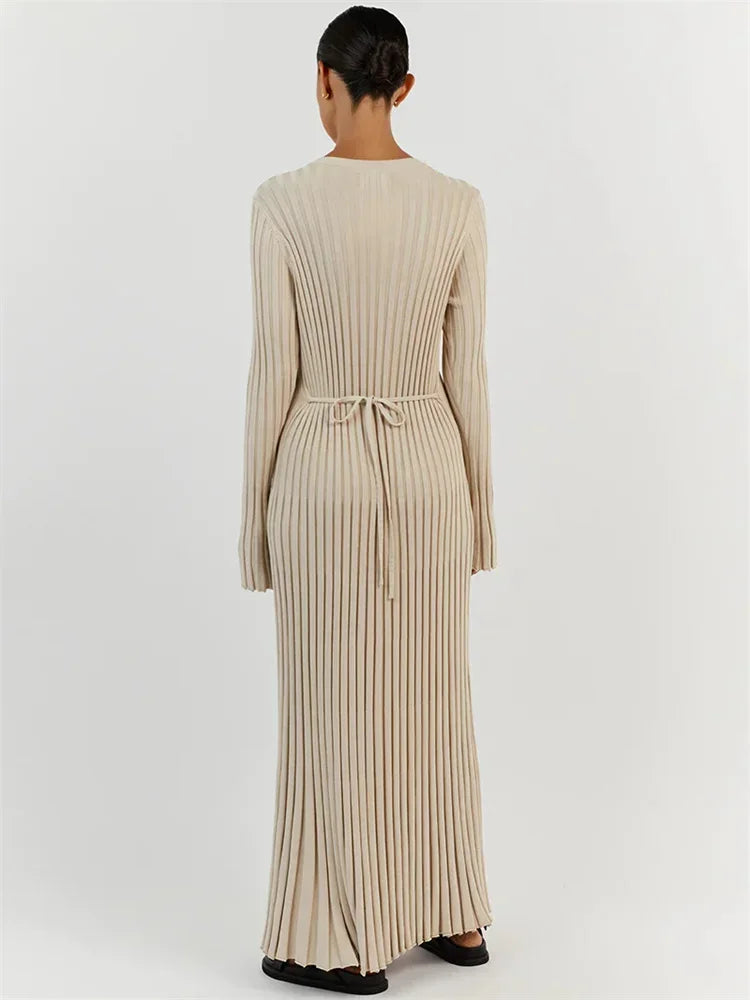 Ribbed Knit Mock Neck Bell Sleeve Bodycon Maxi Dress