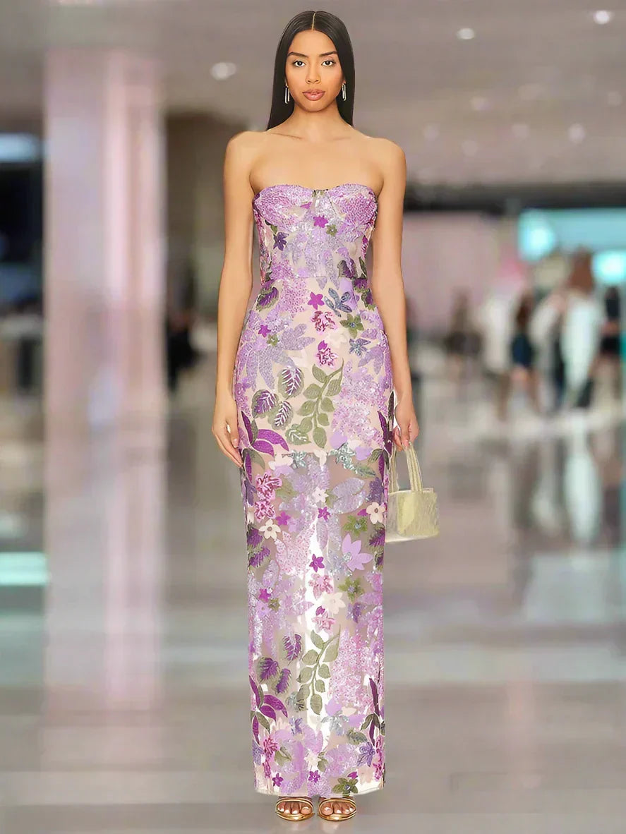 Floral Sequin Strapless Bustier Column Maxi Dress