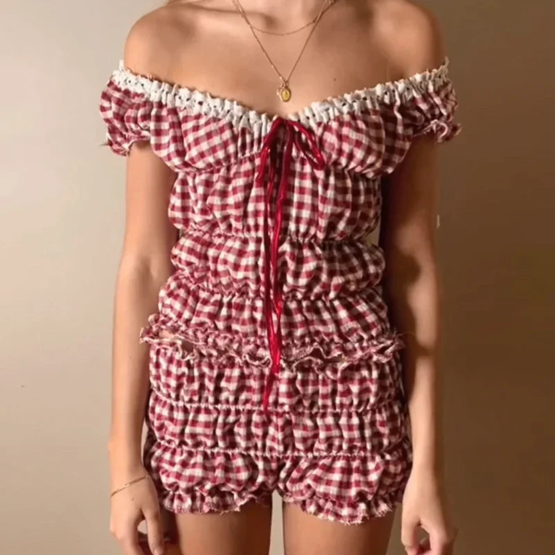 Vintage Ruched Off Shoulder Crop Top Two Piece Shorts Set