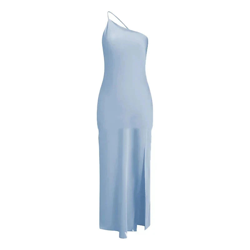 Backless Satin Slant Shoulder Solid Slit Long Dress - View 20