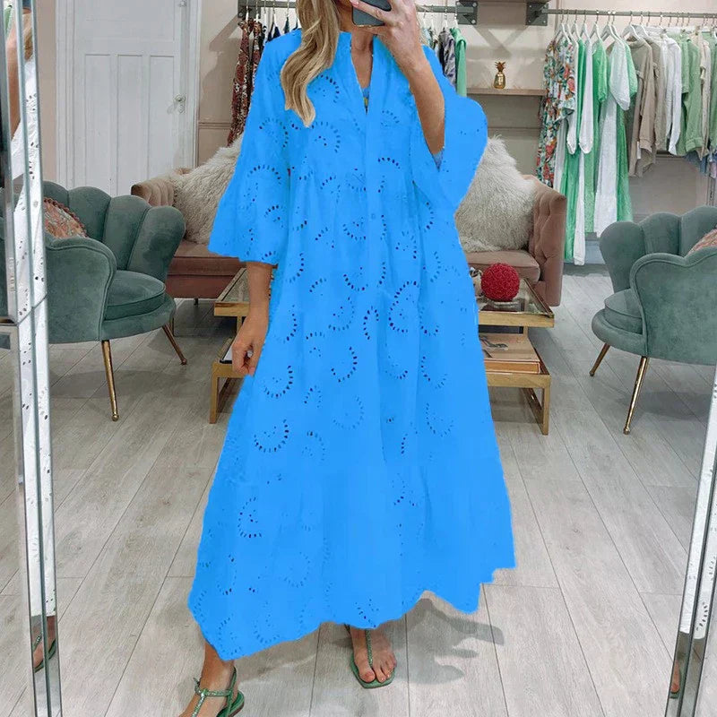 Lace Eyelet Bell Sleeve Button Front Tiered Ruffle Maxi Dress