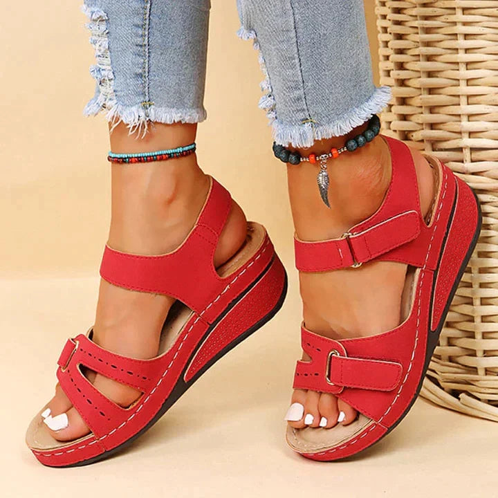 Open Toe Cut Out Hook and Loop Wedge Sandals