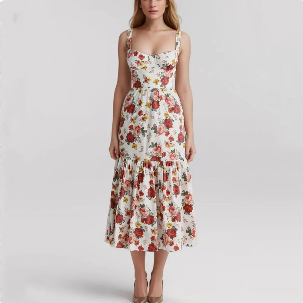 Floral Sweetheart Corset Tiered Ruffle Midi Dress