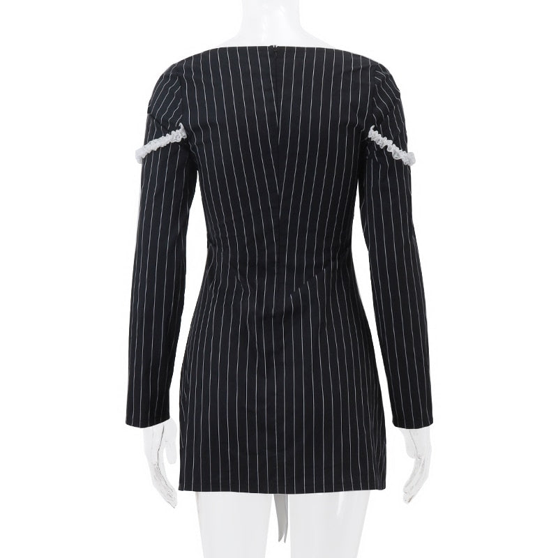 Pinstripe Square Neck Long Sleeve Bow Front Lace Trim Mini Dress 12