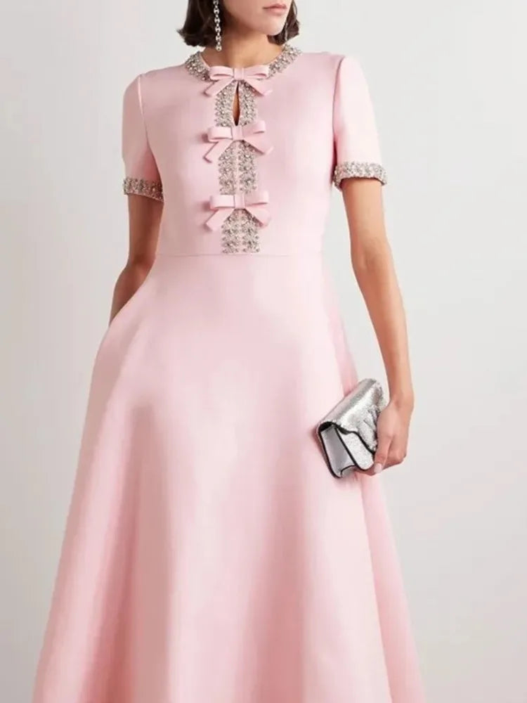 Rhinestone Trim Bow Detail Keyhole Neck Short Sleeve A-Line Midi Dress