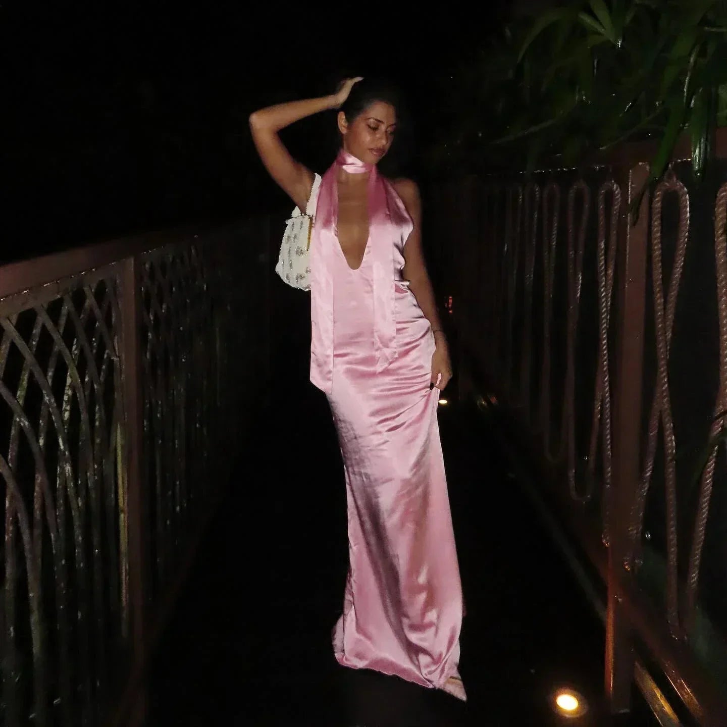 Satin Halter Neck Choker Deep V-Neck Bodycon Maxi Gown
