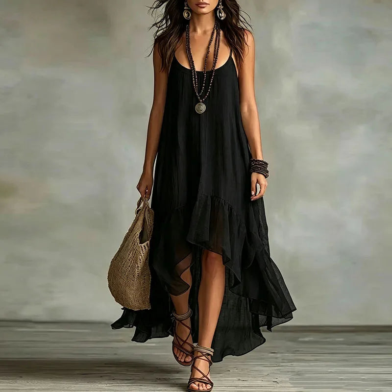 Chiffon Spaghetti Strap Ruffle High Low Maxi Dress Summer