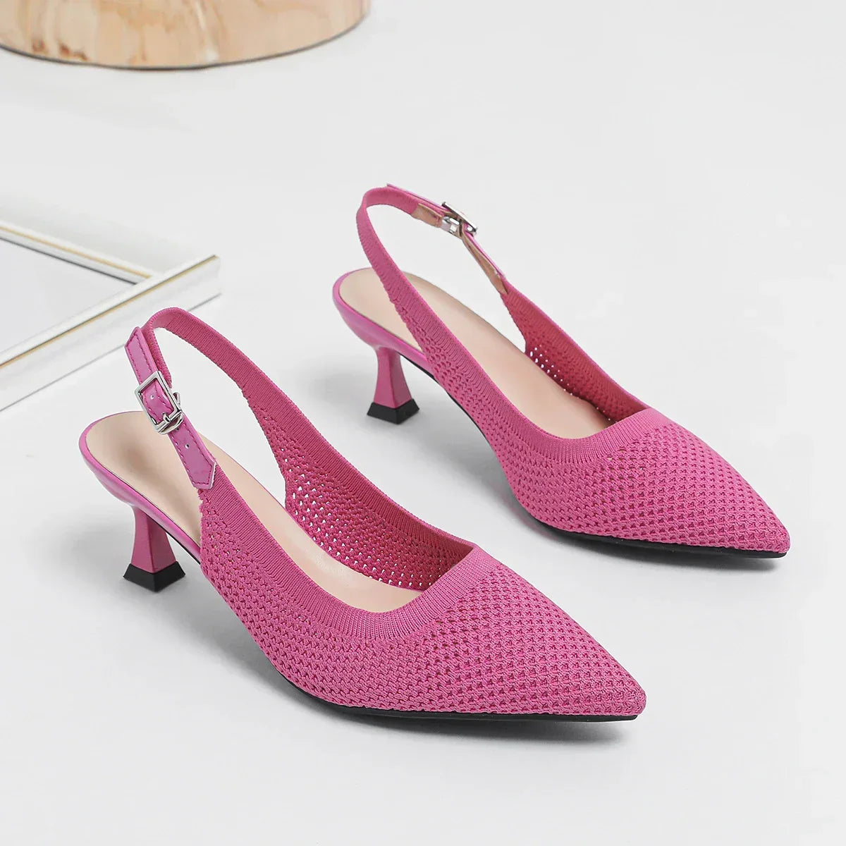 Pointed Toe Slingback Mesh Kitten Heel Pumps