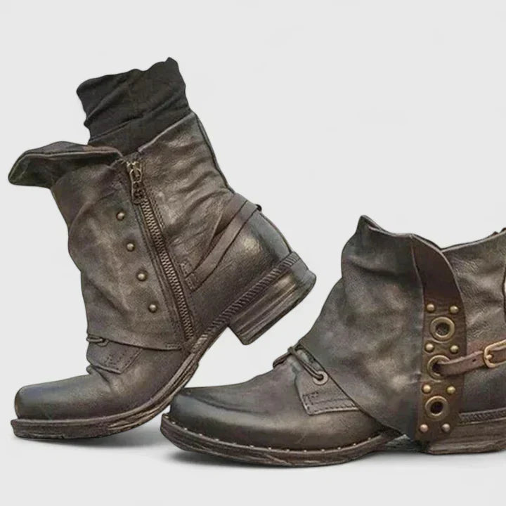 Buckle Strap Studded Fold Over Ankle Boots