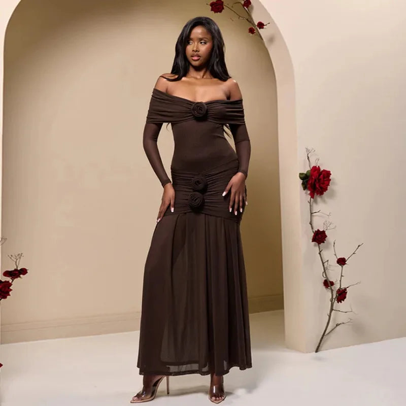 Off Shoulder Long Sleeve Rosette Mermaid Gown