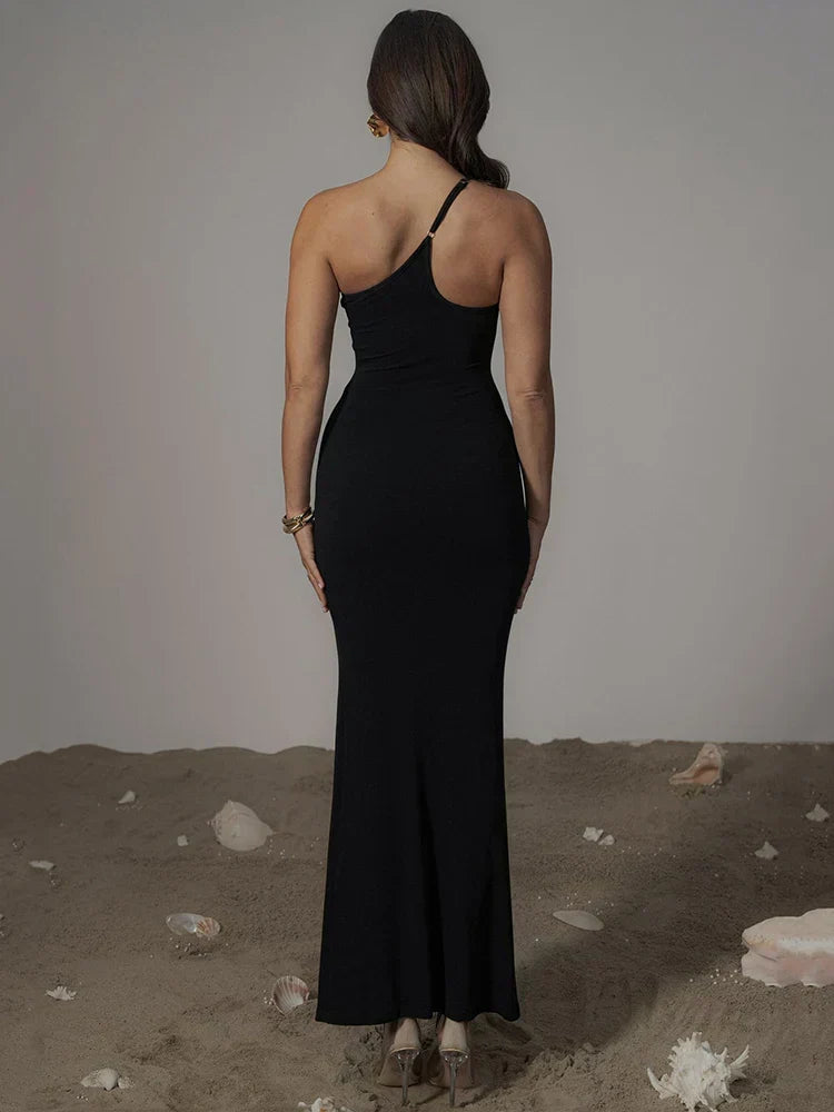 One Shoulder Contrast Mesh Panel Bodycon Maxi Dress 4