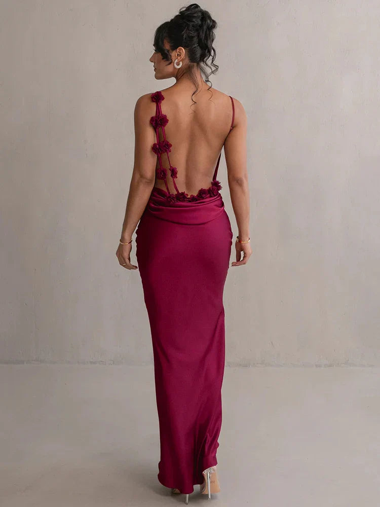 Floral Draped Backless Maxi Silk Dress - View 6