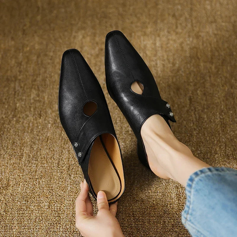 Square Toe Cut Out Block Heel Mules