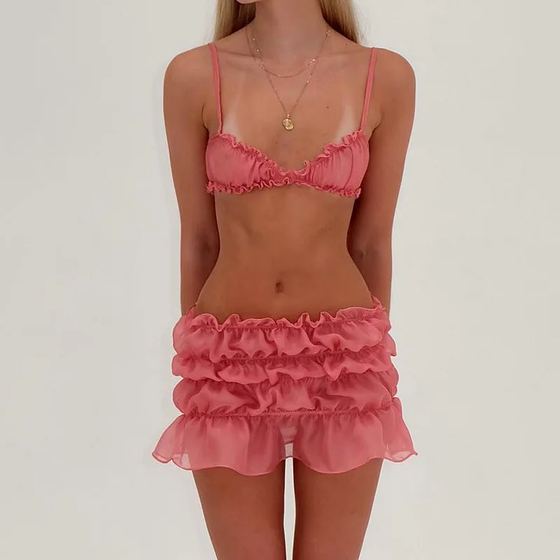 Ruched Pleated Denim Mini Skort