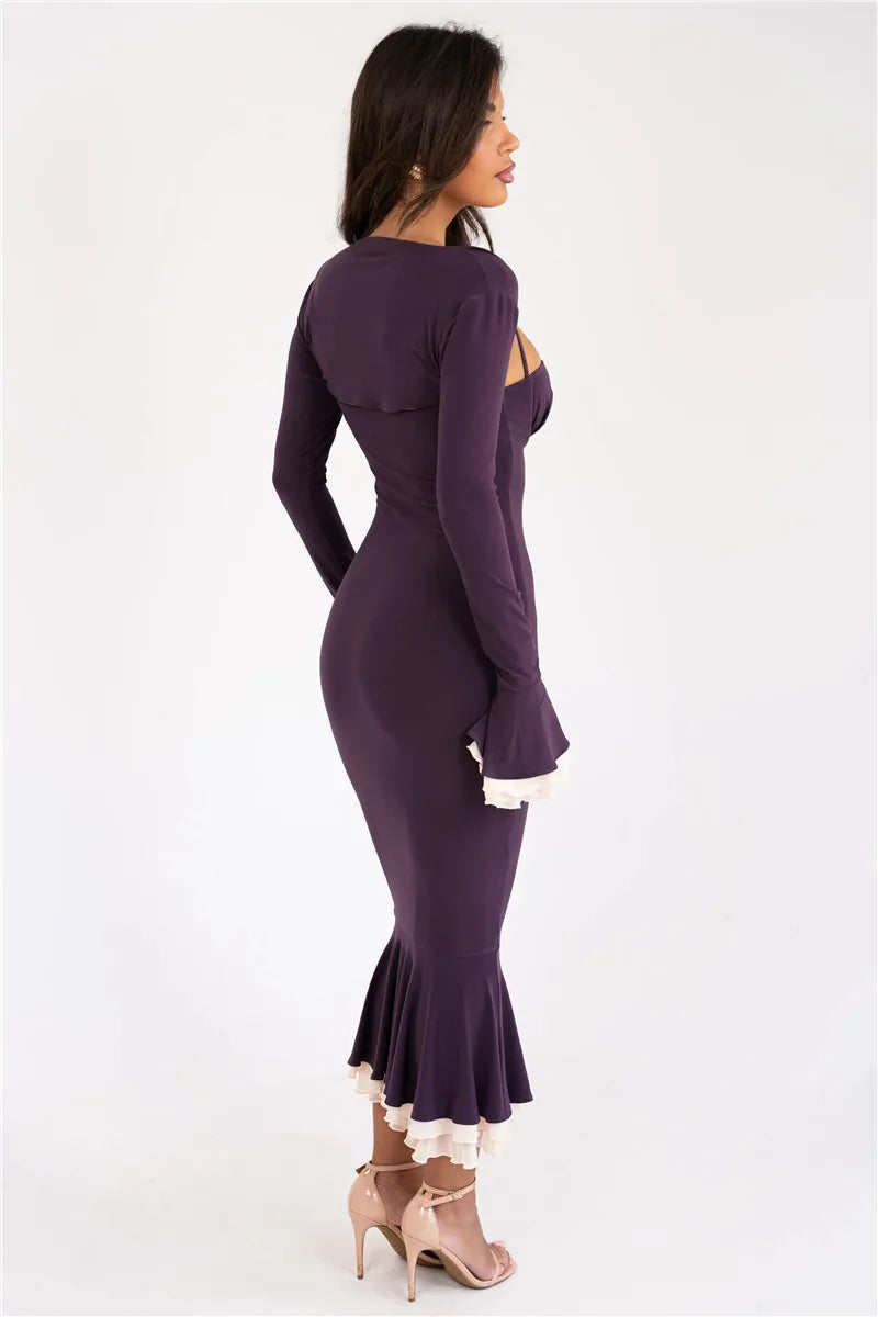 Sweetheart Spaghetti Strap Ruffle Trim Mermaid Midi Dress Two-Piece Set