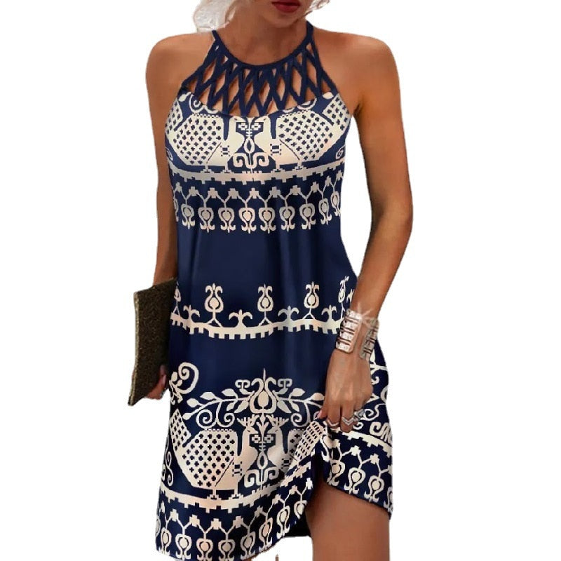 Halter Neck Tie Print A-Line Midi Dress - View 9