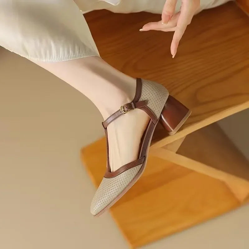 Perforated Square Toe T-Strap Block Heel Pumps