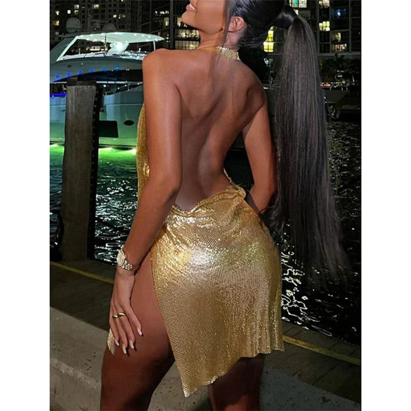 Glitter Halter Cowl Neck Backless Bodycon Mini Dress