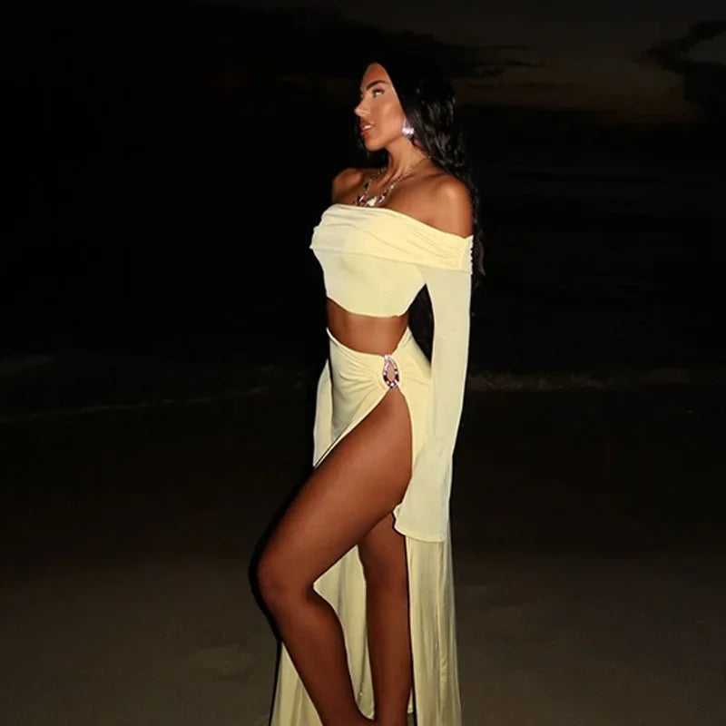 Solid High Split Bohemian Off Shoulder Two Piece Skirt Set