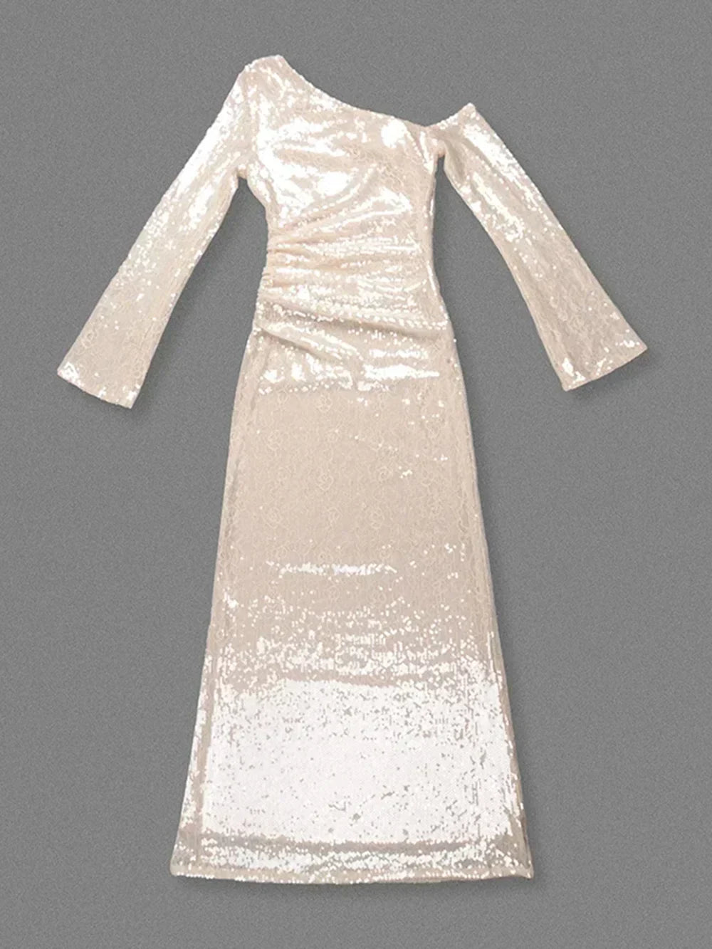 Sequin One Shoulder Long Sleeve 3D Floral Bodycon Maxi Dress