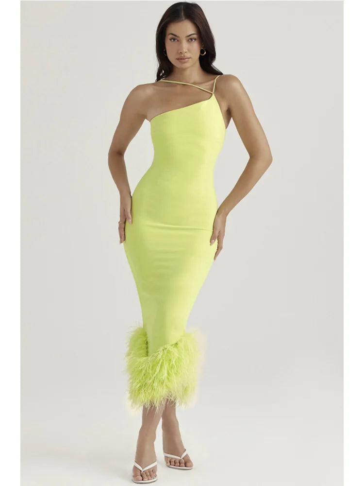 Elegant Spaghetti Strap Feather Midi Dress