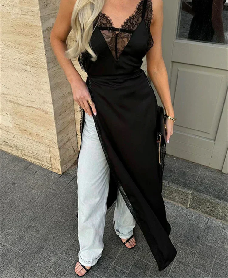 Lace Trim V-Neck Sleeveless High Split Slip Maxi Dress 2